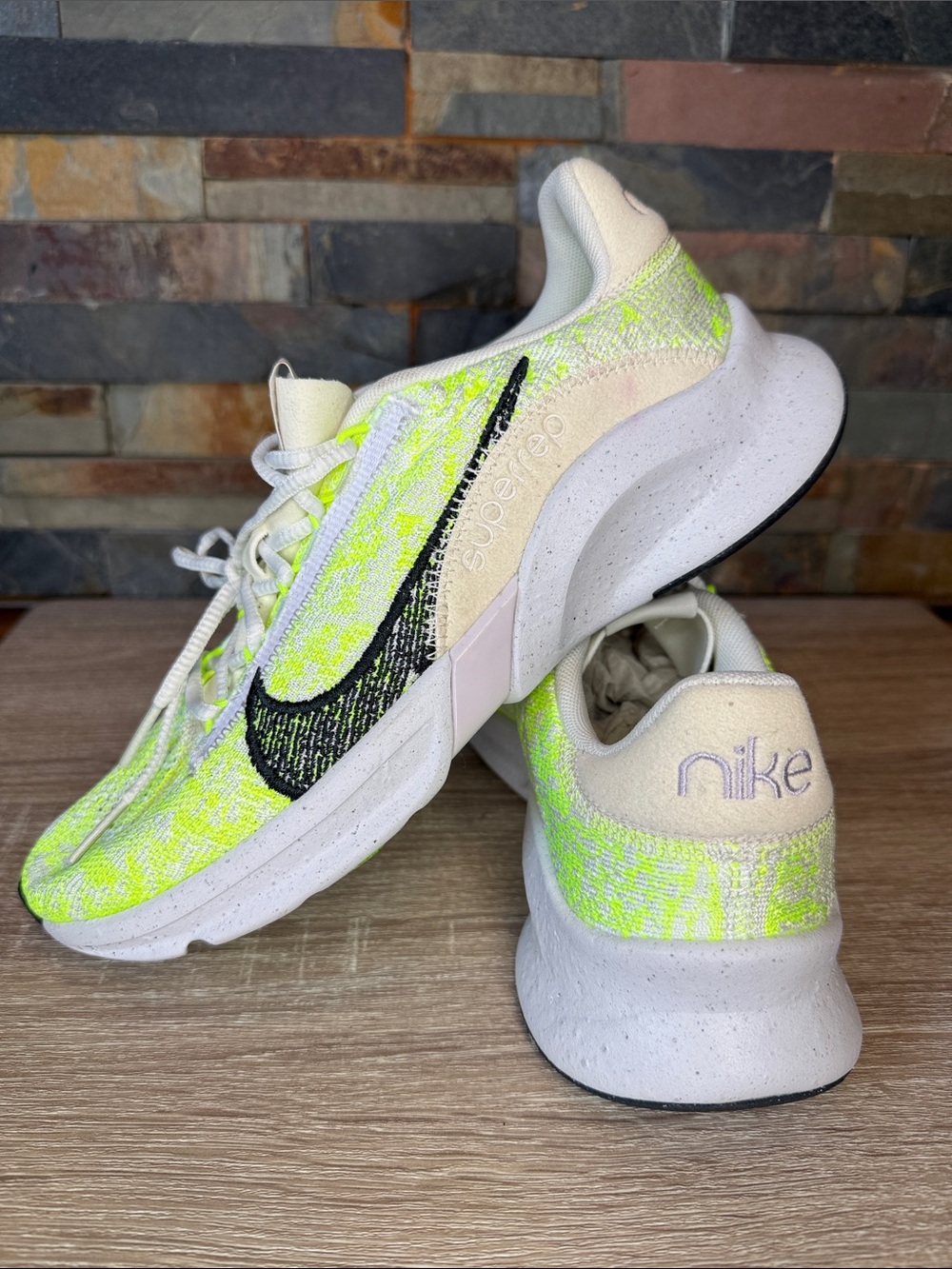Nike SuperRep Go 3 flyknit next nature workout shoes in white and neon green